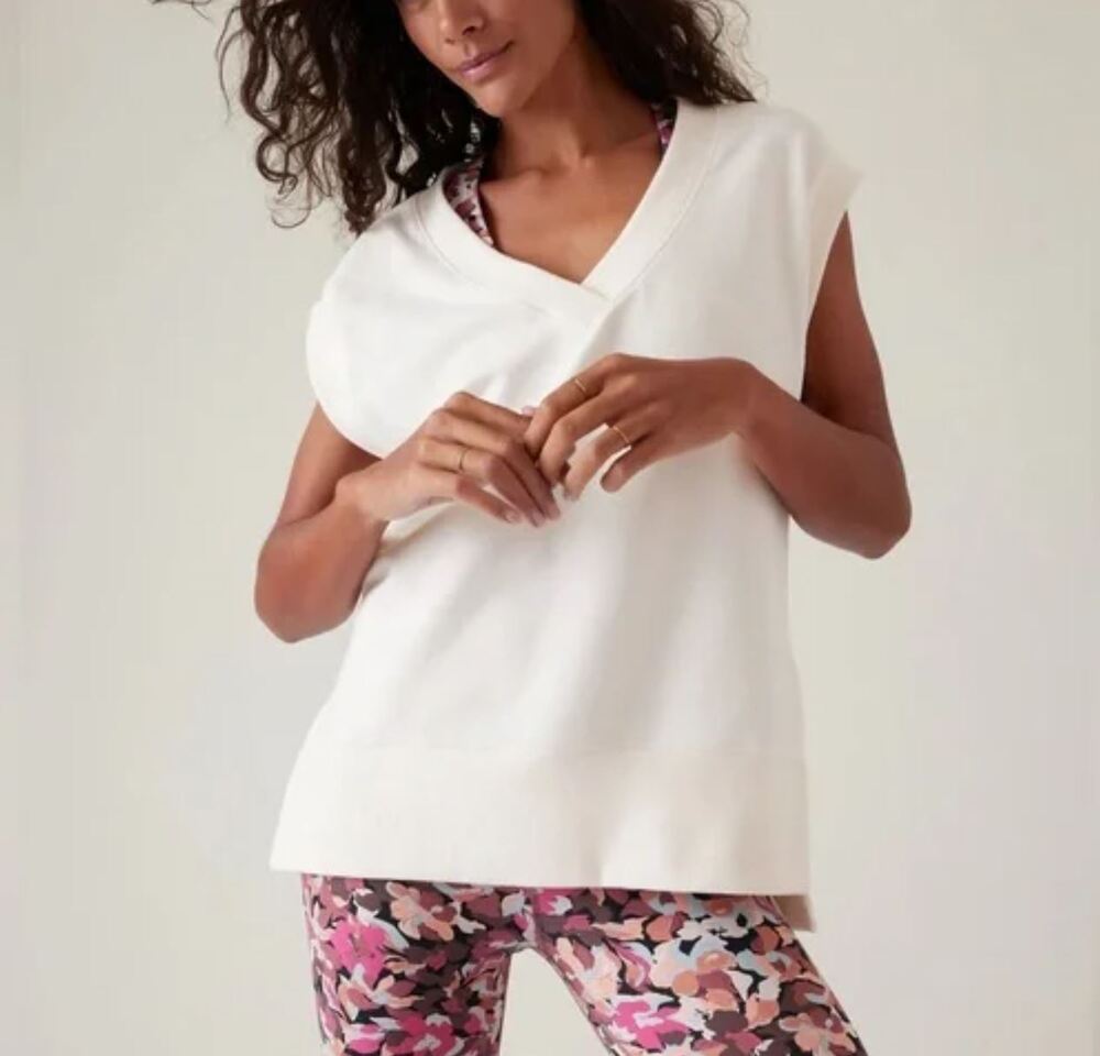 NWT Athleta Retroterry V Neck Sweatshirt XS White Oversized Sweater Vest Preppy